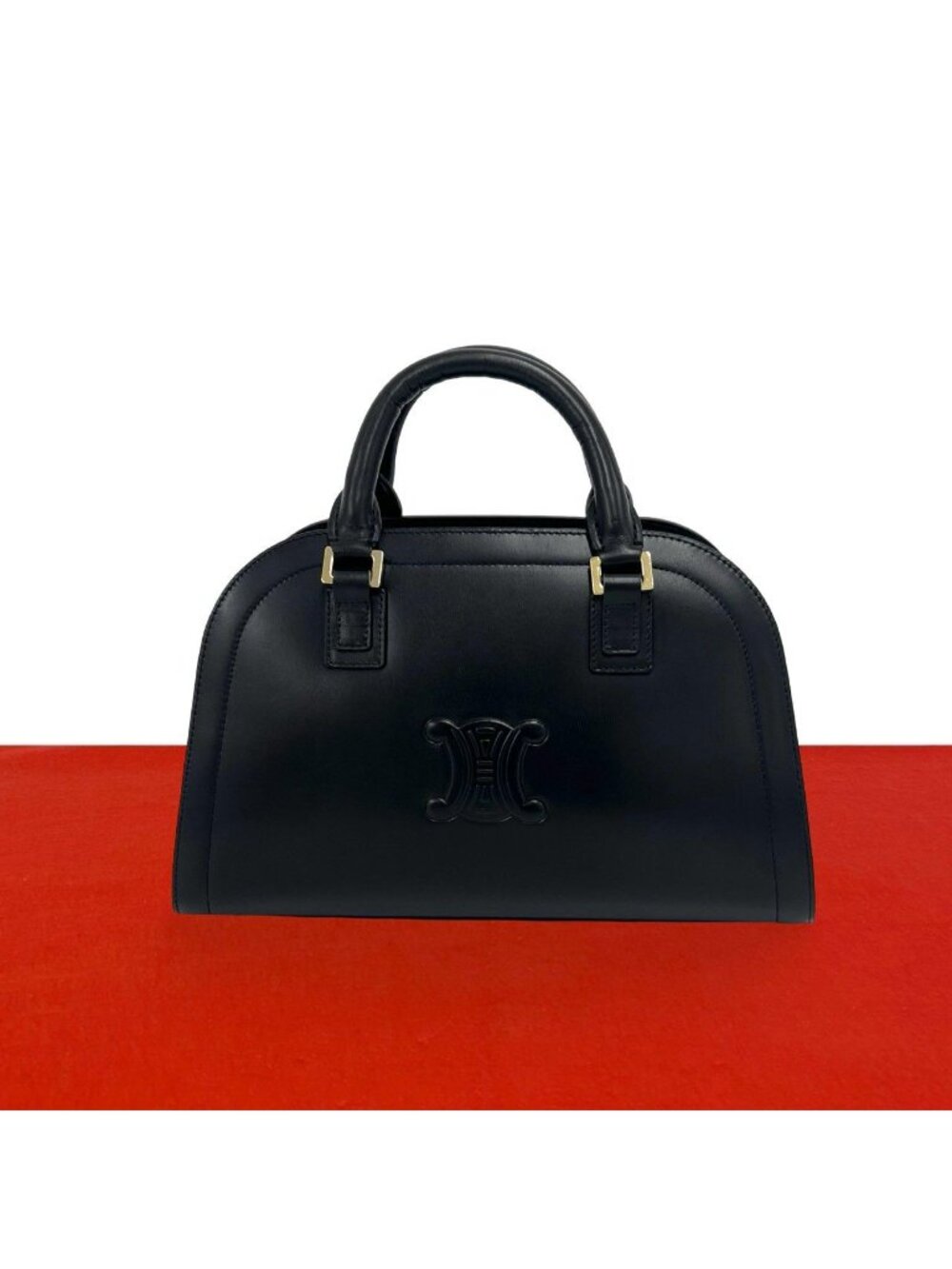 Celine Triomphe Logo Embossed Leather Mini Boston Bag Tote Black